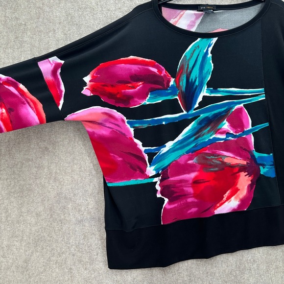 Eva Varro Black Floral Stretch Long Sleeve Tunic Top XL Handcrafted USA - Picture 3 of 7